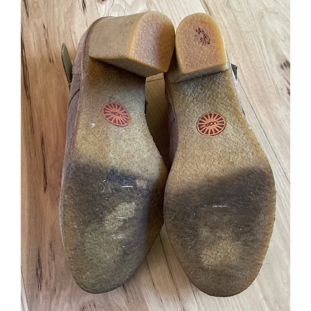 Ugg Australia Brienne Suede Leather Taupe tan Stack Heels Ankle Booties Boots 9